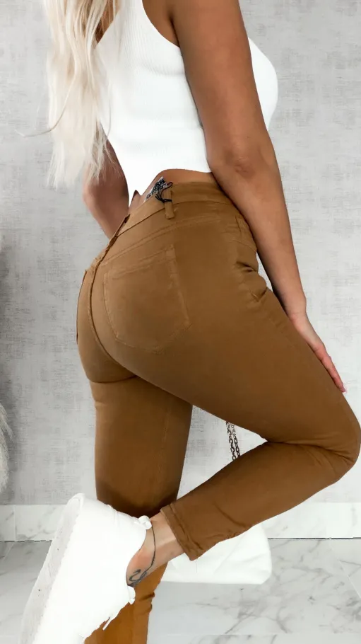 Elastyczne spodnie jeansowe RURKI z zamkami na nogawkach CAMEL - R260