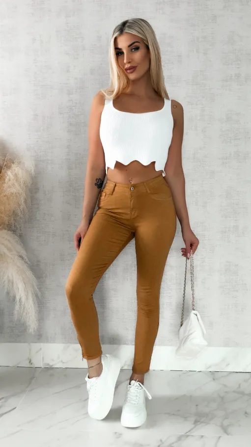 Elastyczne spodnie jeansowe RURKI z zamkami na nogawkach CAMEL - R260