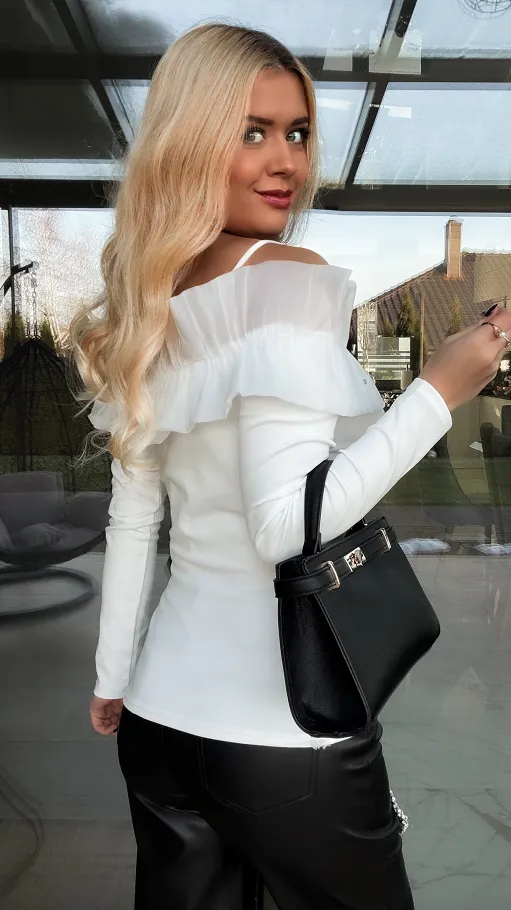 Biała bawełniana bluzka z tiulowym dekoltem ONE SIZE - R348