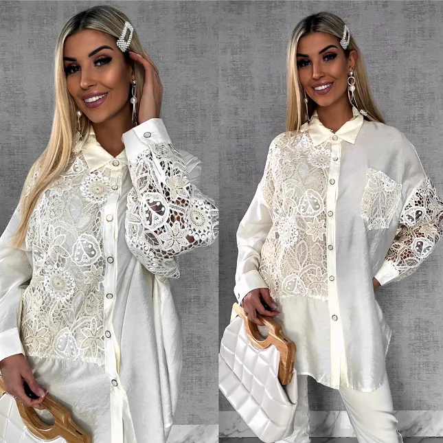 Idealna bawełniana koszula z szydełkowymi wstawkami ONE SIZE - R584