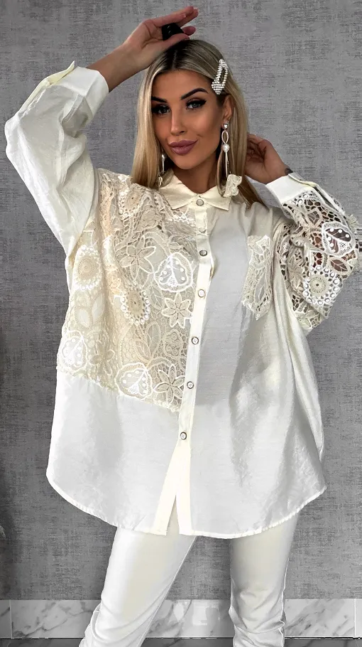 Idealna bawełniana koszula z szydełkowymi wstawkami ONE SIZE - R584