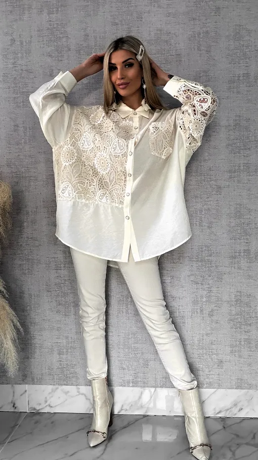 Idealna bawełniana koszula z szydełkowymi wstawkami ONE SIZE - R584