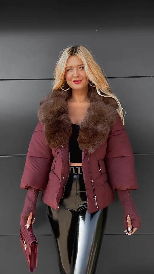 Idealna BORDOWA kurtka zimowa z odpinanym brązowym futerkiem - R069B