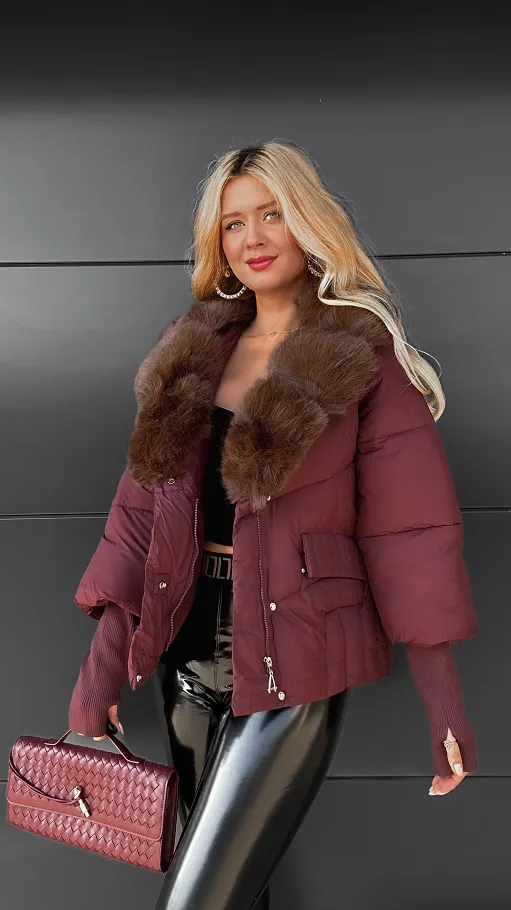 Idealna BORDOWA kurtka zimowa z odpinanym brązowym futerkiem - R069B