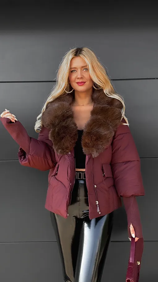 Idealna BORDOWA kurtka zimowa z odpinanym brązowym futerkiem - R069B