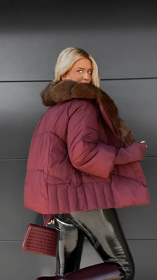Idealna BORDOWA kurtka zimowa z odpinanym brązowym futerkiem - R069B