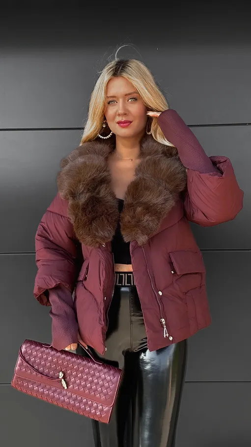 Idealna BORDOWA kurtka zimowa z odpinanym brązowym futerkiem - R069B