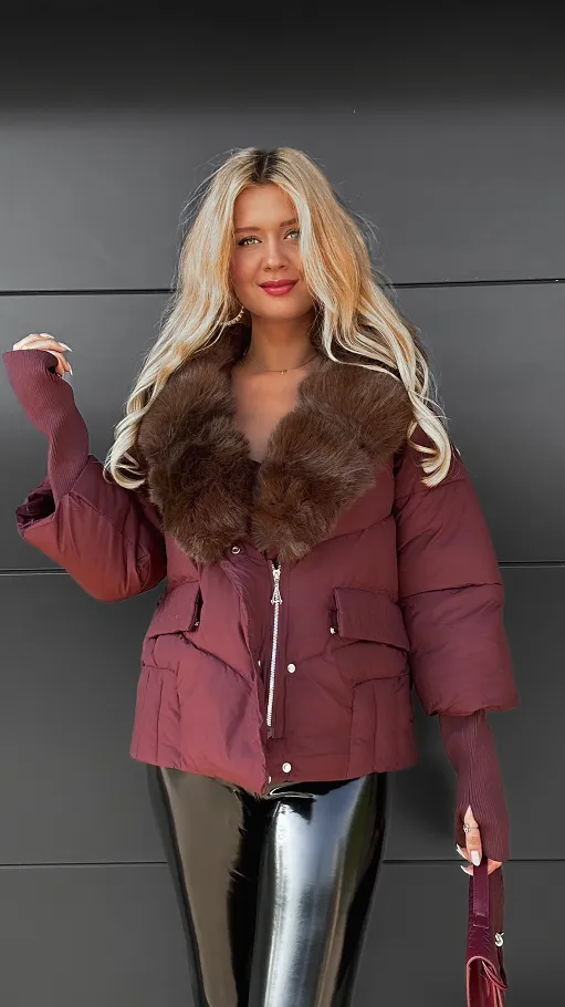 Idealna BORDOWA kurtka zimowa z odpinanym brązowym futerkiem - R069B