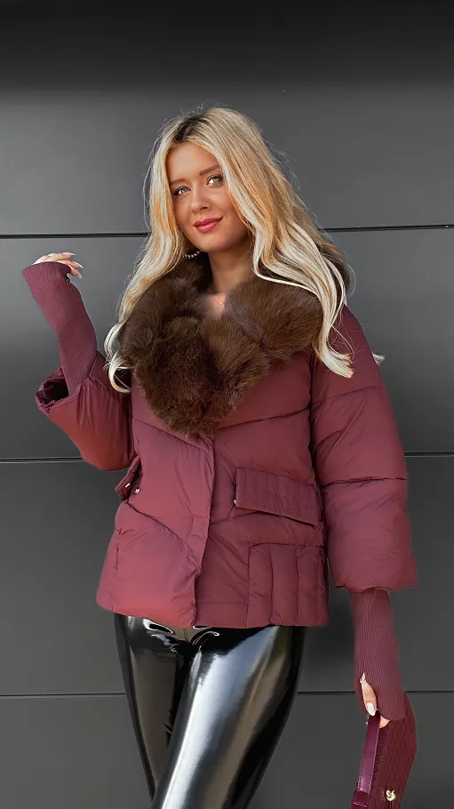 Idealna BORDOWA kurtka zimowa z odpinanym brązowym futerkiem - R069B