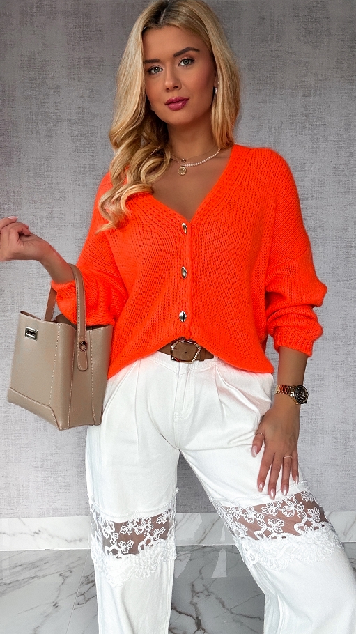 Lekki puszysty sweter na guziki NEON ORANGE - P148C