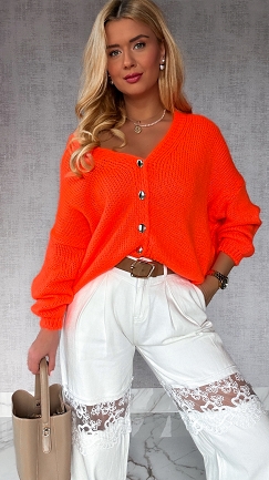 Lekki puszysty sweter na guziki NEON ORANGE - P148C