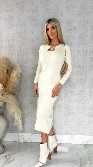 Długa gładka sukienka dzianinowa ze złotym liściem ONE SIZE ecru - R537