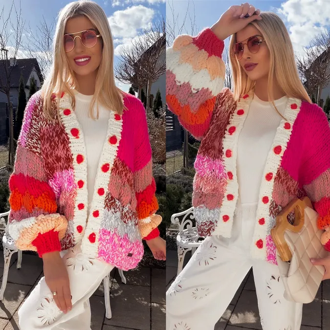 Ekskluzywny grubo pleciony kardigan PREMIUM multi kolor - R839