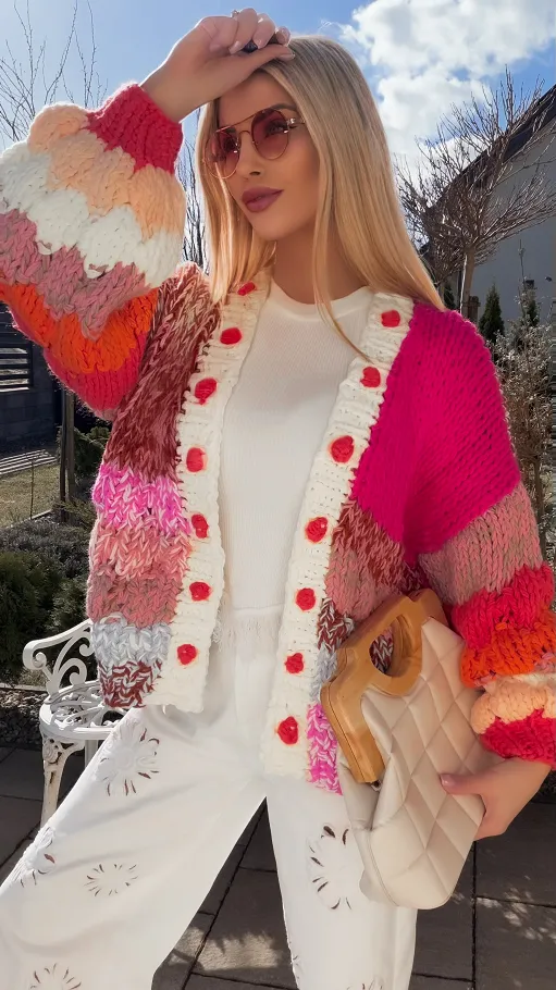 Ekskluzywny grubo pleciony kardigan PREMIUM multi kolor - R839