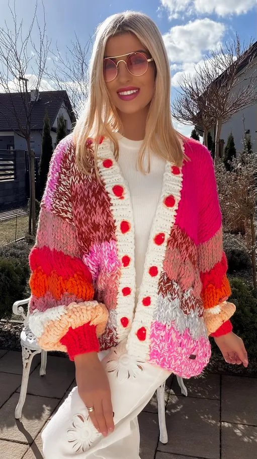 Ekskluzywny grubo pleciony kardigan PREMIUM multi kolor - R839