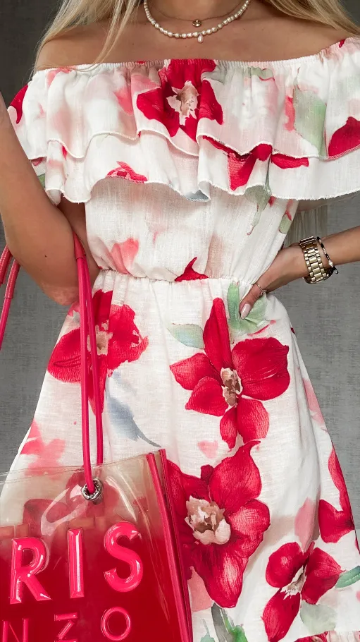 Asymetryczna LNIANA sukienka hiszpanka w czerwone kwiaty - P732A