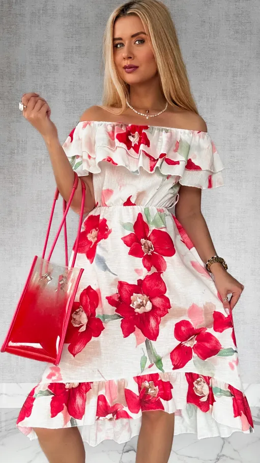 Asymetryczna LNIANA sukienka hiszpanka w czerwone kwiaty - P732A