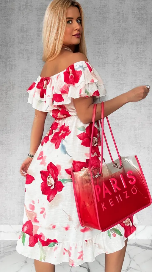 Asymetryczna LNIANA sukienka hiszpanka w czerwone kwiaty - P732A