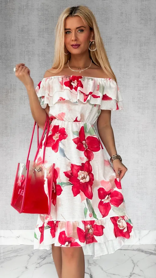 Asymetryczna LNIANA sukienka hiszpanka w czerwone kwiaty - P732A