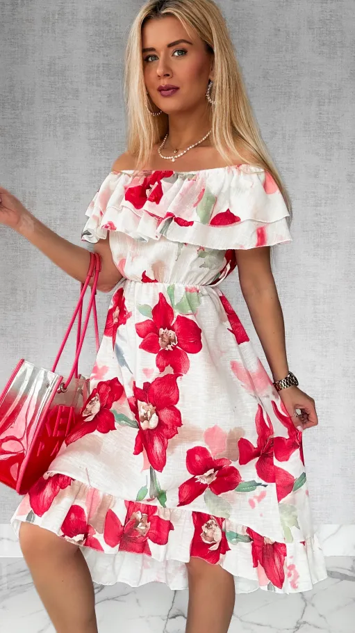 Asymetryczna LNIANA sukienka hiszpanka w czerwone kwiaty - P732A