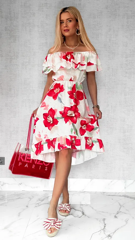 Asymetryczna LNIANA sukienka hiszpanka w czerwone kwiaty - P732A