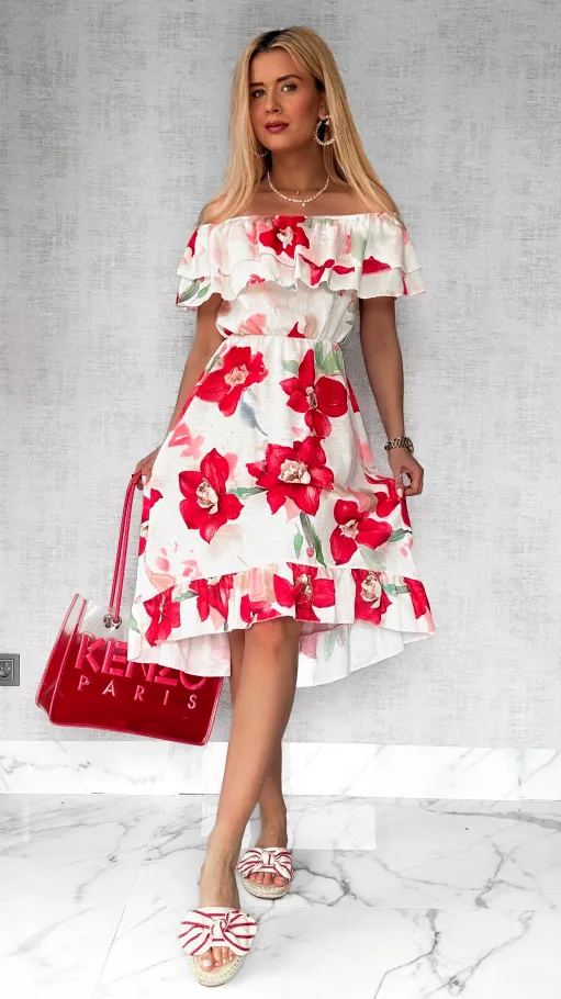 Asymetryczna LNIANA sukienka hiszpanka w czerwone kwiaty - P732A