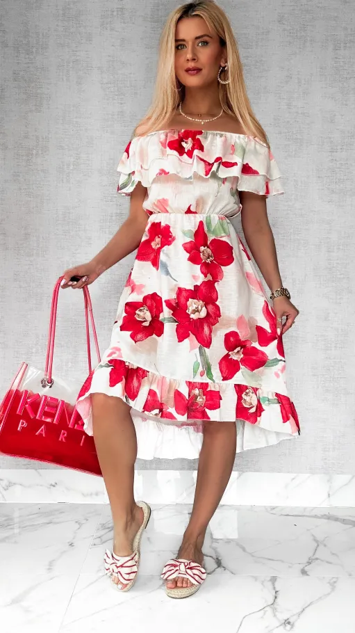 Asymetryczna LNIANA sukienka hiszpanka w czerwone kwiaty - P732A