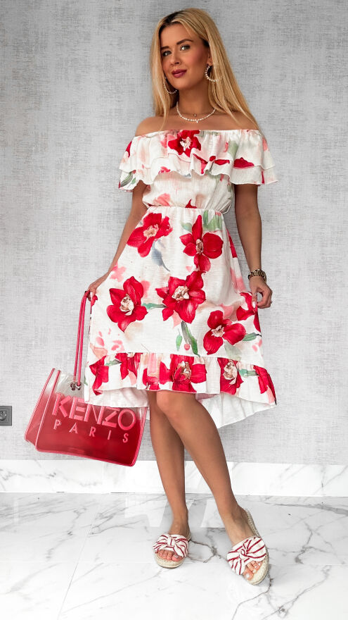 Asymetryczna LNIANA sukienka hiszpanka w czerwone kwiaty - P732A