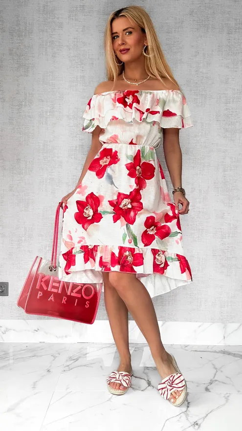 Asymetryczna LNIANA sukienka hiszpanka w czerwone kwiaty - P732A