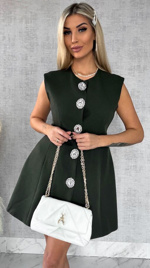 Elegancka sukienka z dużymi ozdobnymi guzikami KHAKI - R502