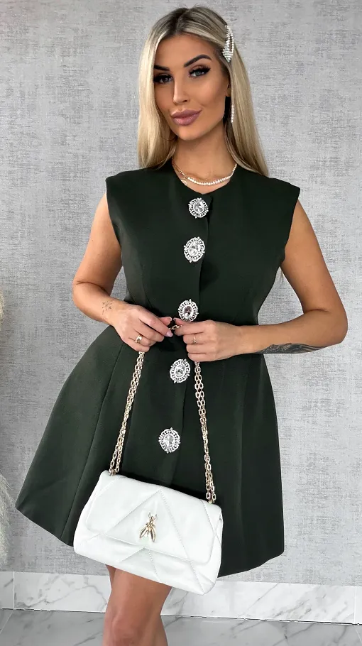 Elegancka sukienka z dużymi ozdobnymi guzikami KHAKI - R502