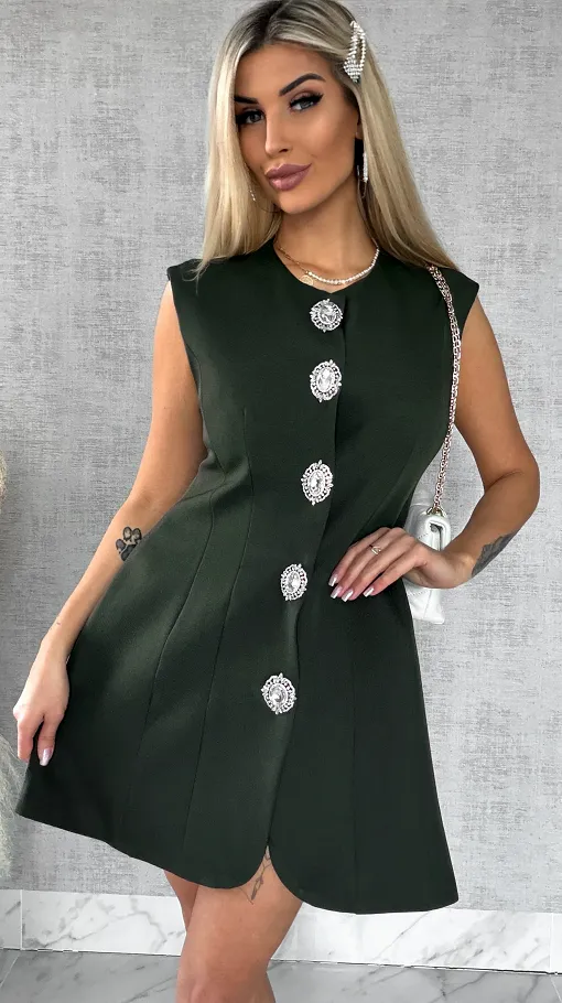 Elegancka sukienka z dużymi ozdobnymi guzikami KHAKI - R502