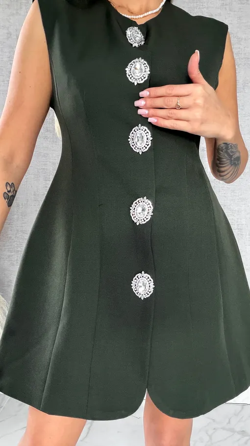 Elegancka sukienka z dużymi ozdobnymi guzikami KHAKI - R502