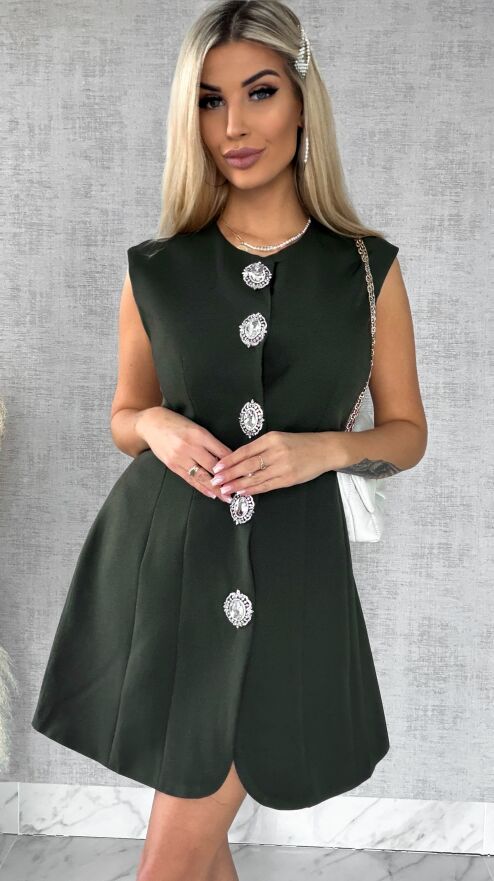 Elegancka sukienka z dużymi ozdobnymi guzikami KHAKI - R502