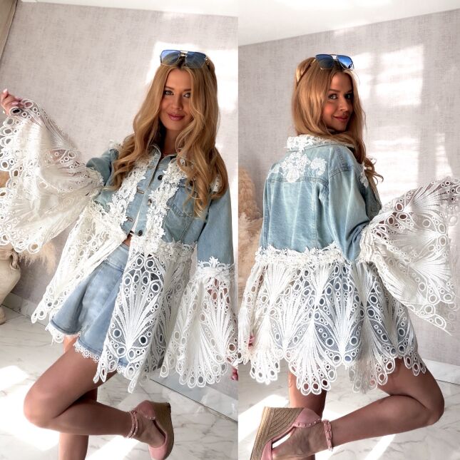 Oryginalna długa katana jeansowa łączona z białą gipiurą DENIM BLUE - S005