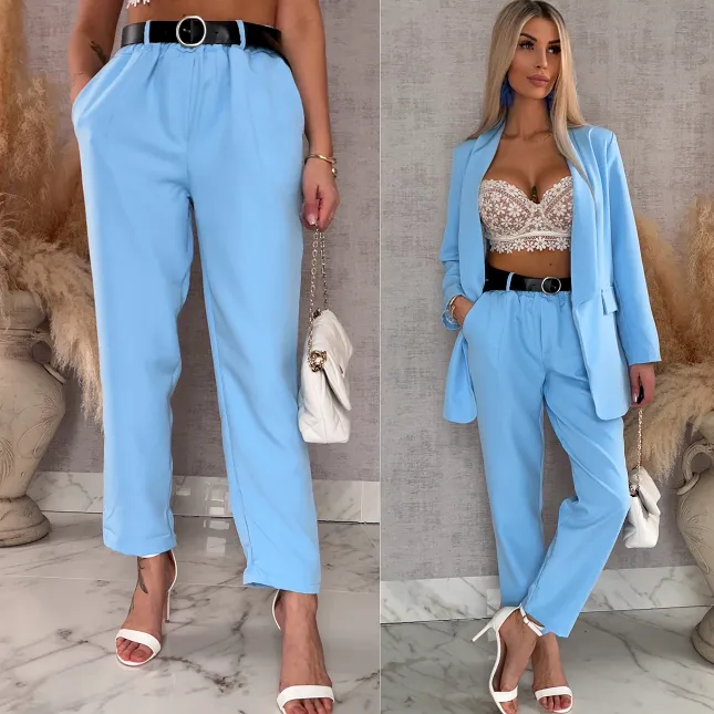 Eleganckie wiosenne spodnie z gumką w pasie i paskiem BLUE one size - R673