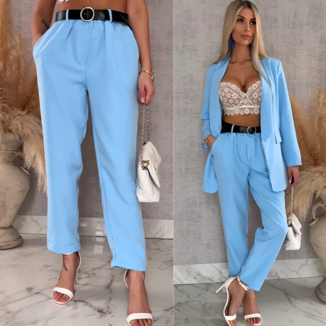 Eleganckie wiosenne spodnie z gumką w pasie i paskiem BLUE one size - R673