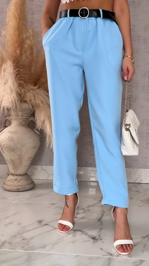 Eleganckie wiosenne spodnie z gumką w pasie i paskiem BLUE one size - R673
