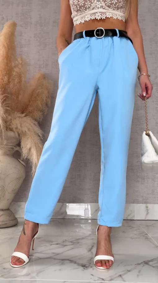 Eleganckie wiosenne spodnie z gumką w pasie i paskiem BLUE one size - R673