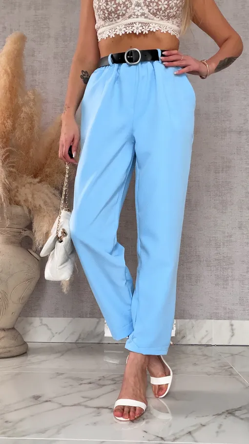 Eleganckie wiosenne spodnie z gumką w pasie i paskiem BLUE one size - R673