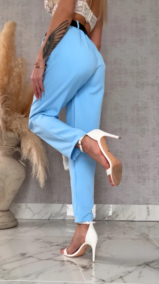 Eleganckie wiosenne spodnie z gumką w pasie i paskiem BLUE one size - R673