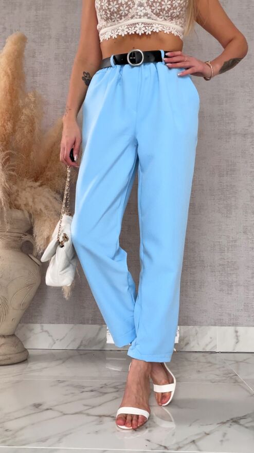 Eleganckie wiosenne spodnie z gumką w pasie i paskiem BLUE one size - R673