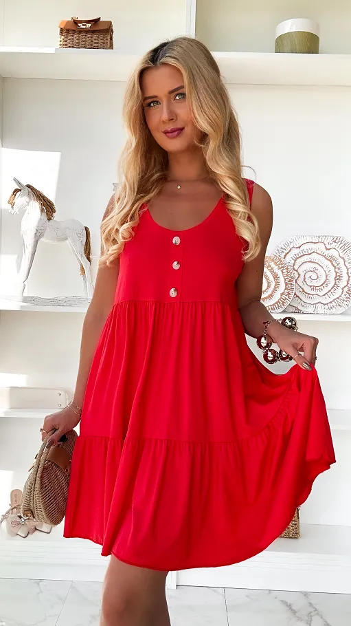 Czerwona sukienka na lato z guzikami ONE SIZE - P886