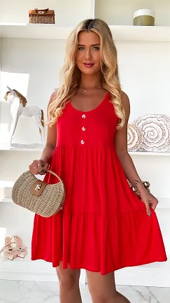 Czerwona sukienka na lato z guzikami ONE SIZE - P886