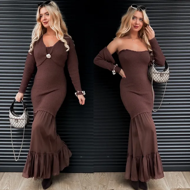 Elegancki komplet MAXI sukienka + sweter ONE SIZE czekolada - R356A