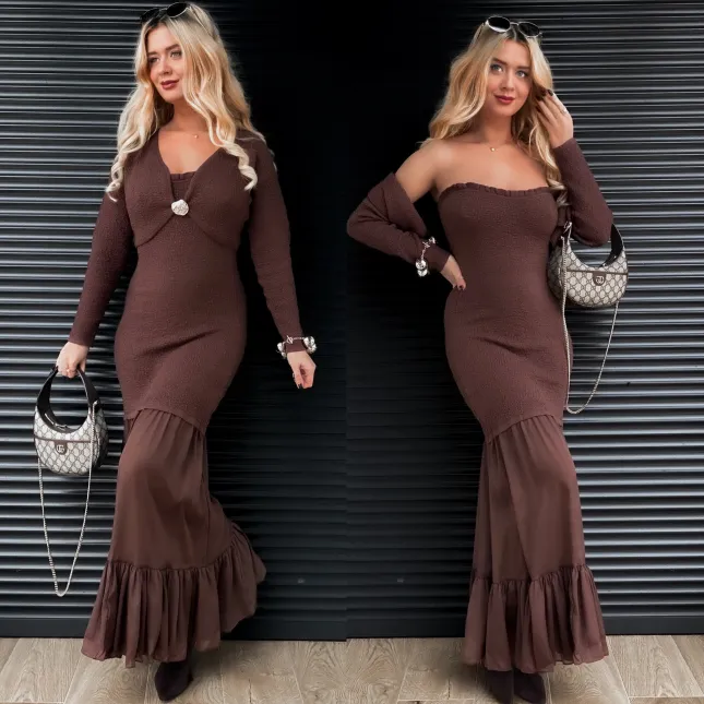 Elegancki komplet MAXI sukienka + sweter ONE SIZE czekolada - R356A