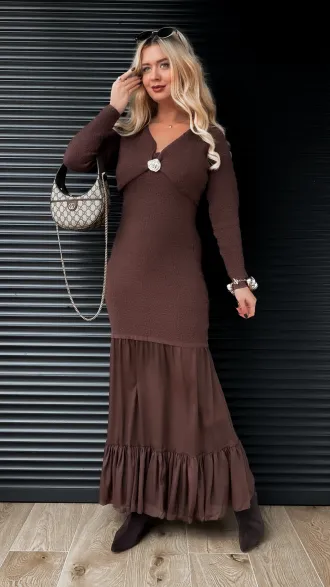 Elegancki komplet MAXI sukienka + sweter ONE SIZE czekolada - R356A