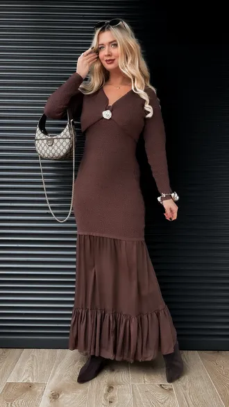 Elegancki komplet MAXI sukienka + sweter ONE SIZE czekolada - R356A