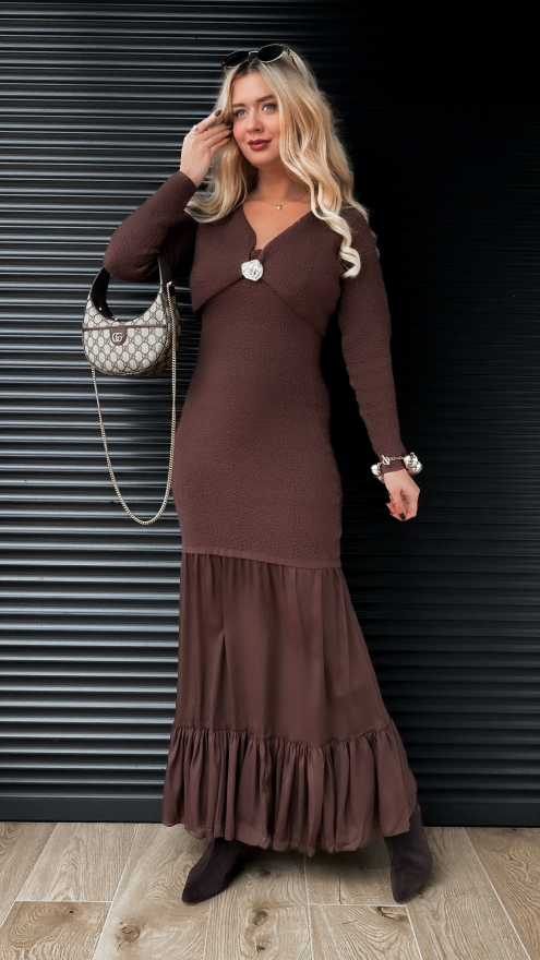 Elegancki komplet MAXI sukienka + sweter ONE SIZE czekolada - R356A