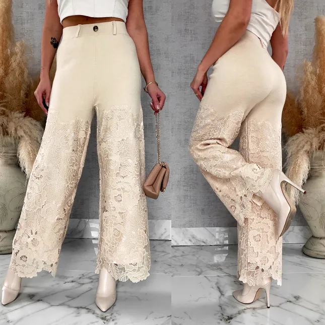 Super dzianinowe spodnie z koronkowymi nogawkami BEŻOWE - R728